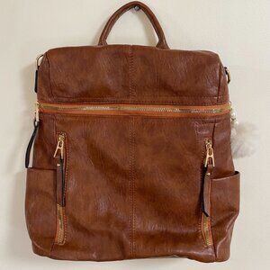 Brown Faux Leather Backpack With Gold Accents Multiple Zipper Pockets Adjustable